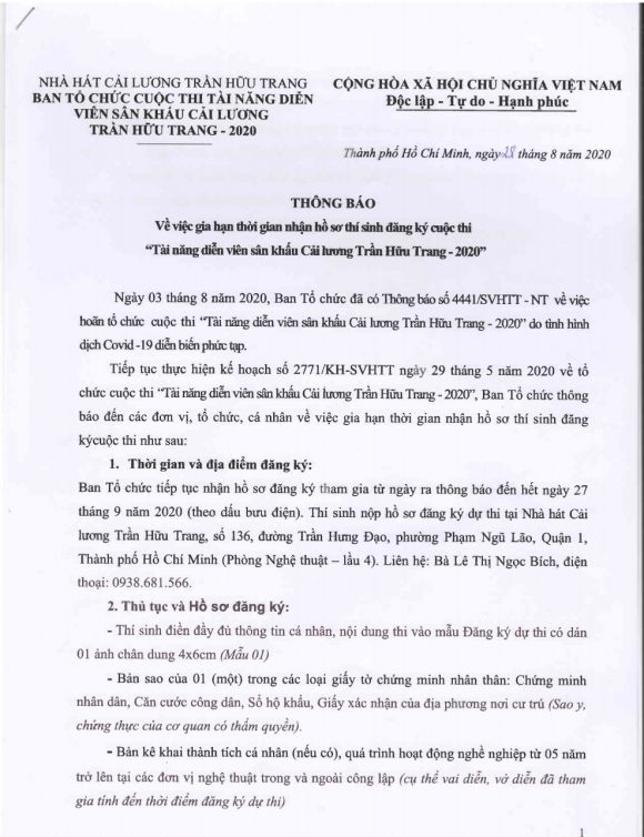 thông-báo-nhận-hồ-sơ-thí-sinh Cuộc thi “Tài năng diễn viên sân khấu Cải lương Trần Hữu Trang – 2020” tiếp tục nhận hồ sơ thí sinh đến hết ngày 27 tháng 9 năm 2020 (theo dấu bưu điện)