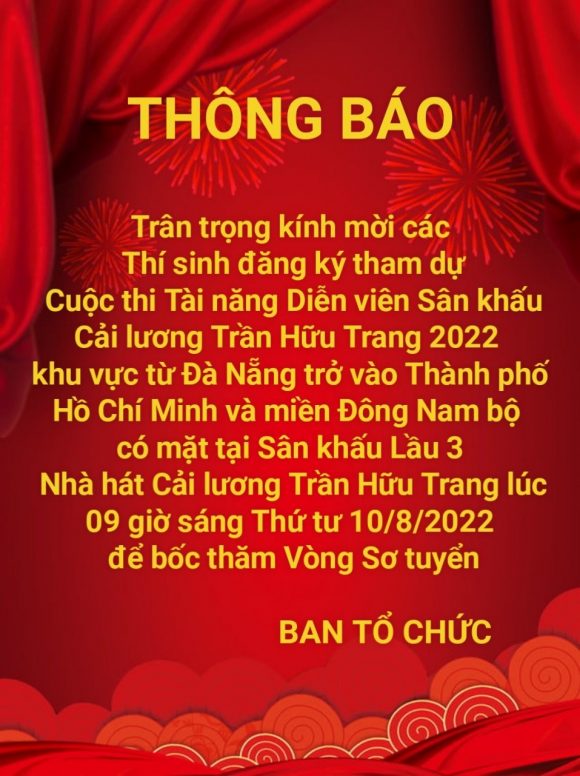 THÔNG BÁO BỐC THĂM VÒNG SƠ TUYỂN CUỘC THI TÀI NĂNG DVCL TRẦN HỮU TRANG