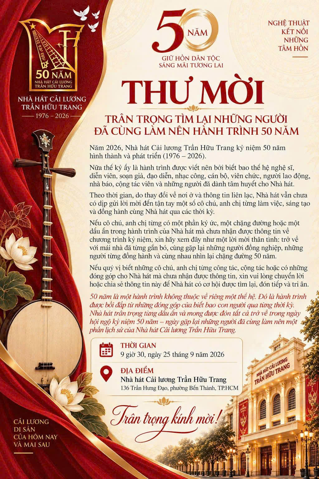 Trân trọng tìm lại những người đã cùng làm nên hành trình 50 năm Nhà hát Cải lương Trần Hữu Trang